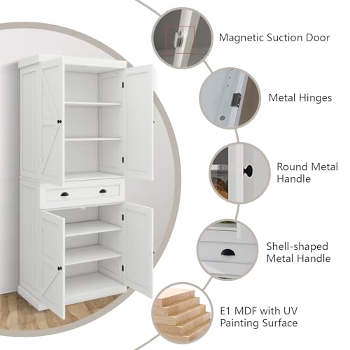 72" Kitchen Pantry Storage Cabinet Kitchen Cupboard with 4 Doors (2Doors with Racks),1 Drawer, 2 Adjustable Shelves Wood White Storage Cabinet for Dining Room Living Room Bathroom