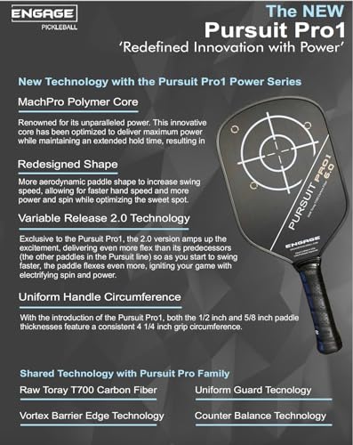 Engage Pursuit Pro1 Pickleball Paddle - Raw T700 Toray Carbon Fiber for Extreme Spin - MachPro Core for Maximum Power & Control