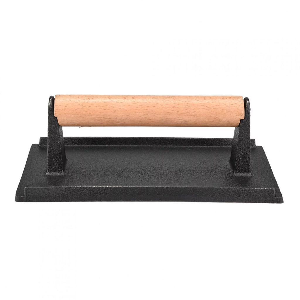 Nikou Steak Press - Commercial Cast Iron Steak Weight Wooden Handle Bacon Grill Hamburger Press cooks faster and does not curl