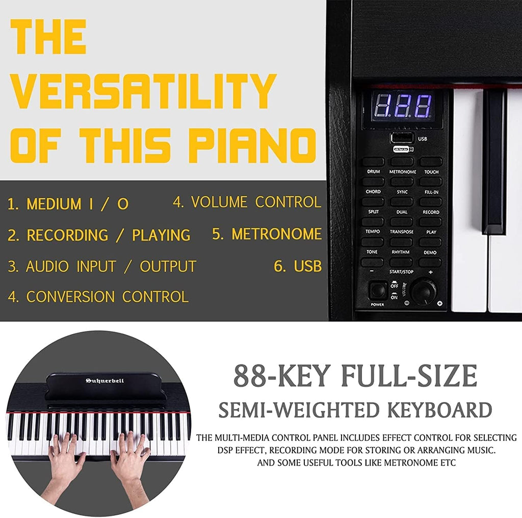 Suhnerbell Digital Piano Keyboard with 88 Key Full-Size Weighted Keys，Electric Piano/Keyboard Set For Beginner, Portable Keyboards Piano with Sustain Pedal(Black)