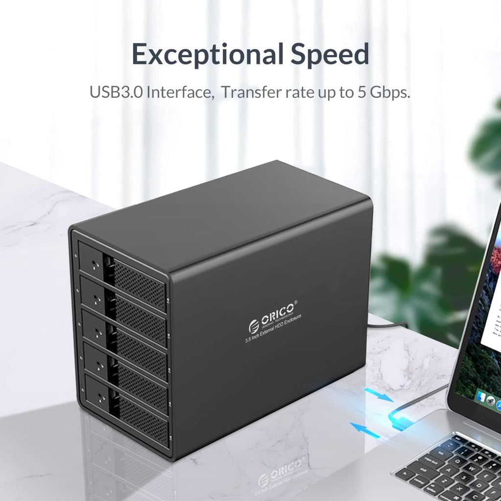 ORICO 5 Bay External Hard Drive Enclosure USB 3.0 3.5 inch Chia Support 80TB (5 x 16TB) Aluminum Alloy HDD Enclosure with Fan / 150W Disk Data Storage (No RAID)-9558U3
