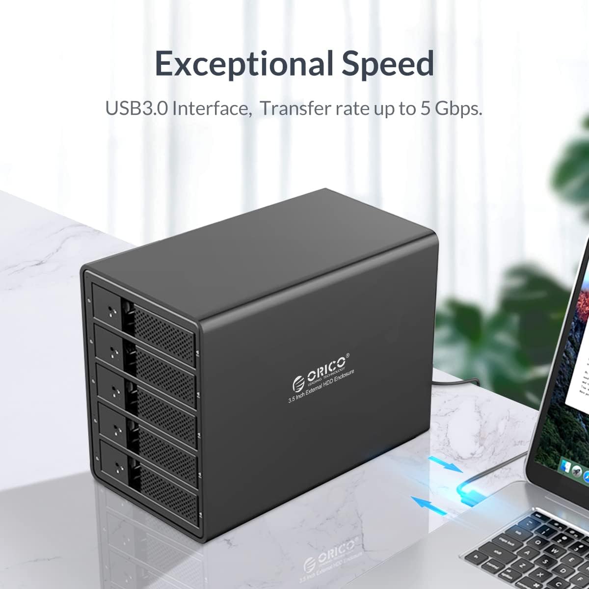 ORICO 5 Bay External Hard Drive Enclosure USB 3.0 3.5 inch Chia Support 80TB (5 x 16TB) Aluminum Alloy HDD Enclosure with Fan / 150W Disk Data Storage (No RAID)-9558U3