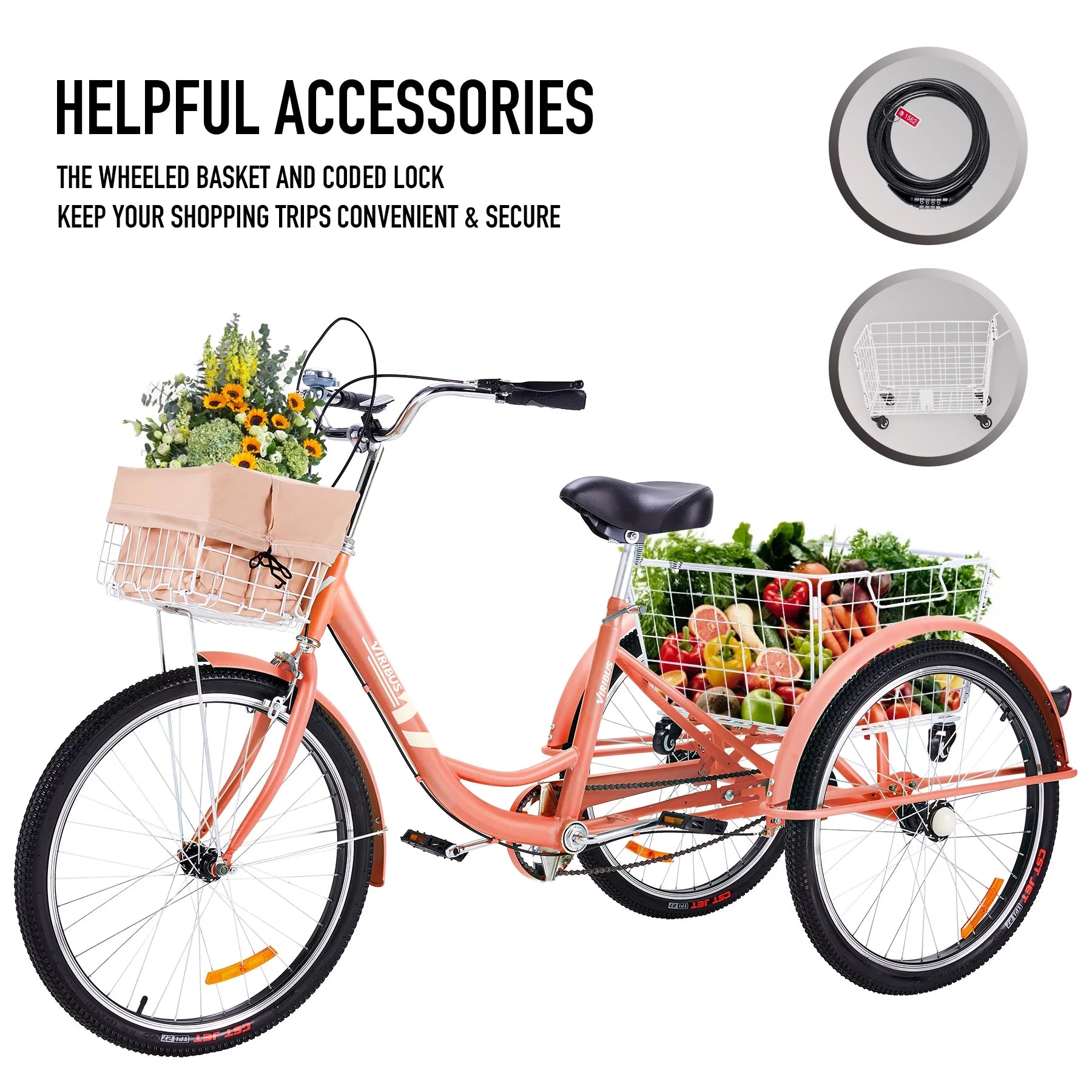 Viribus 26 Inch Single Speed Adult Tricycle 3 Wheel Bike with Removable Basket, Hybrid Beach Trike, Pink