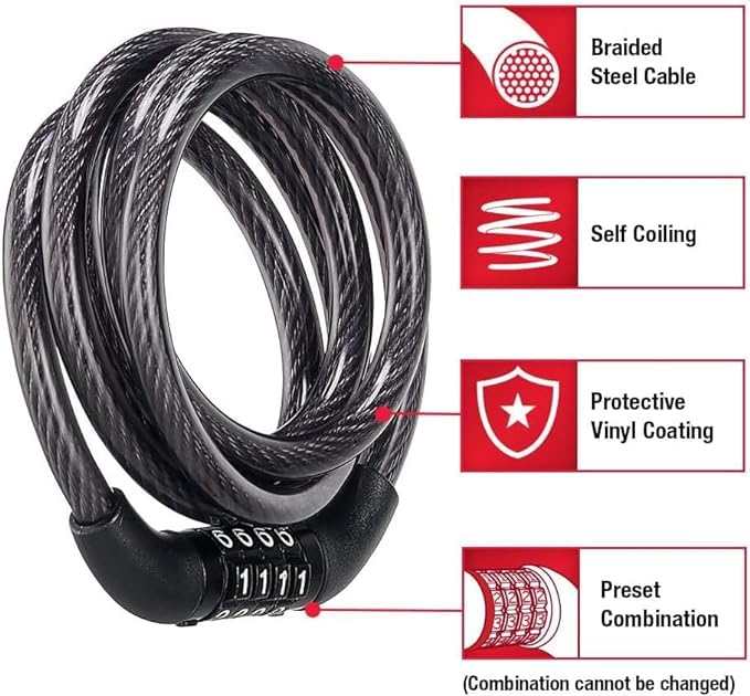 Bike Cable Resettable Combination Lock Duty Anti Theft Bicycle Cable Lock 5 Foot Coiled Cut Resistant Cable with 4 Digit Custom Combination for Bicycles Kayaks Boards Gates&Outdoor Gear (05 FT)