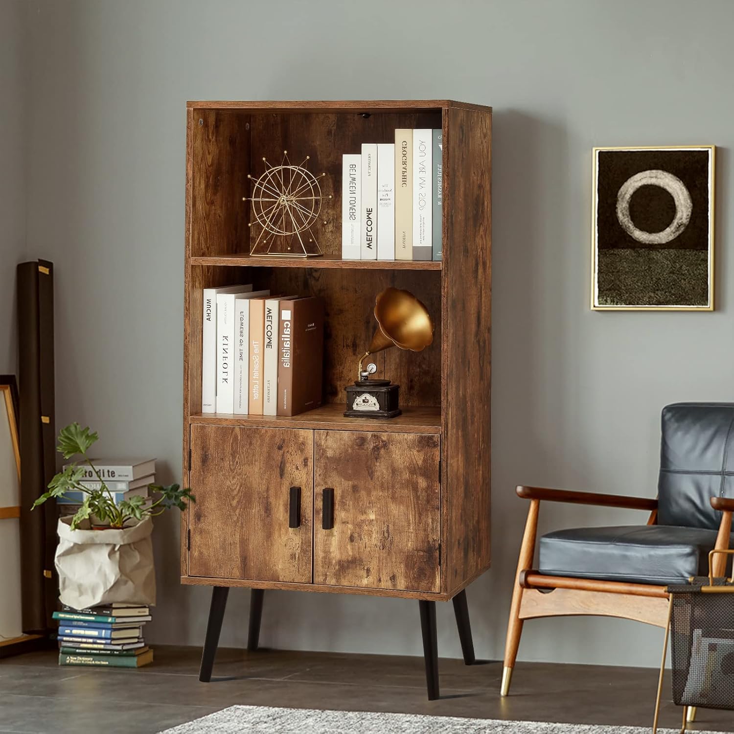 usikey Mid-Century Storage Cabinet with 1 Drawer 2 Doors 3 Shelves & Bookcase Storage Cabinet, Free Standing Cupboard with 4 Legs, Wine Cupboard with Door, for Bedroom Home Office, Rustic Brown