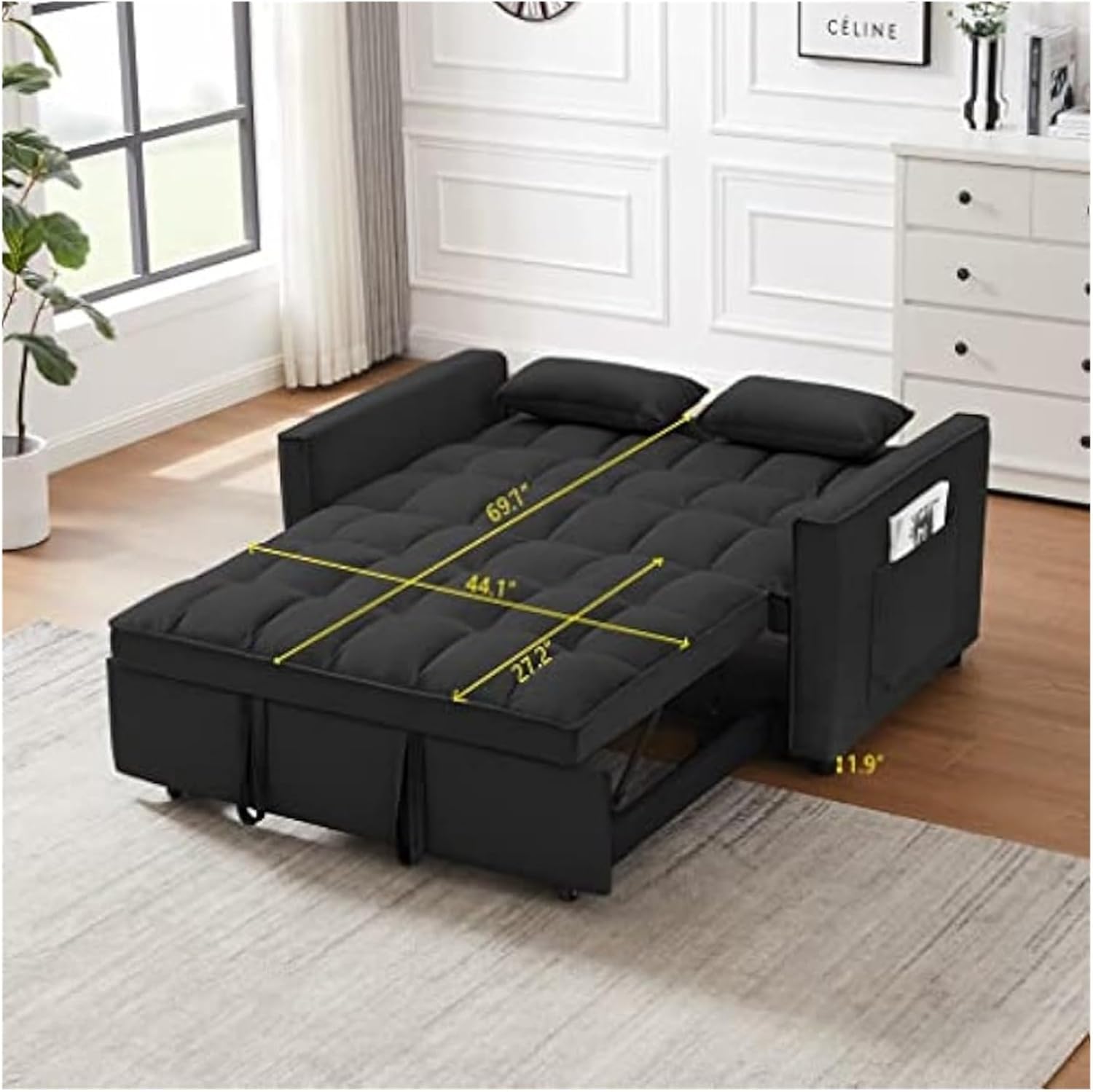 TONDI 55 Inch Convertible Sleeper Sofa 3 in 1 Velvet Small Loveseat with Pull Out Bed, Reclining Backrest, Light Gray,Sofa Couch, qz-7461