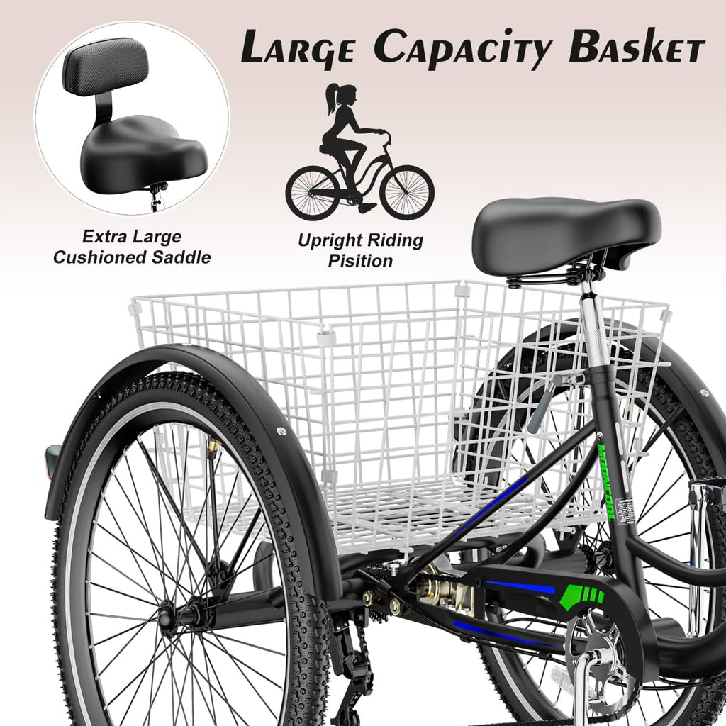 Adult Tricycle 7 Speed 3 Wheel Bike Adult Trikes, Three-Wheeled Bicycles Cruise Trike with Basket for Seniors, Women, Men for Recreation Shopping (26", Black with Blue)