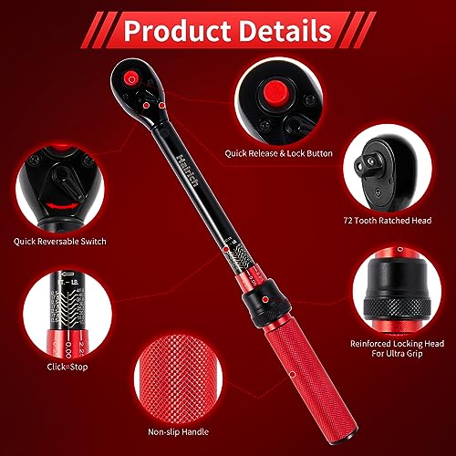 3/8-Inch Torque Wrench, Dual-direction 10-45ft.lb/13.6-61Nm, 72-Tooth Dual Range Scales Torque Wrench with Quick Release Reversible Head for Bike/Bicycle