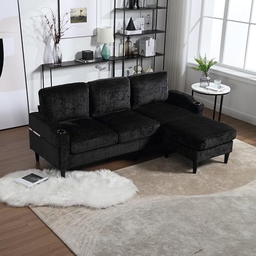 77'' Convertible Sectional Sofa Couch, L Shaped Couch 3 Seat Sofa Sectional with Reversible Storage Ottoman Bench & Cup Holder, Couches for Living Room, Apartment, Office, Small Space, Beige