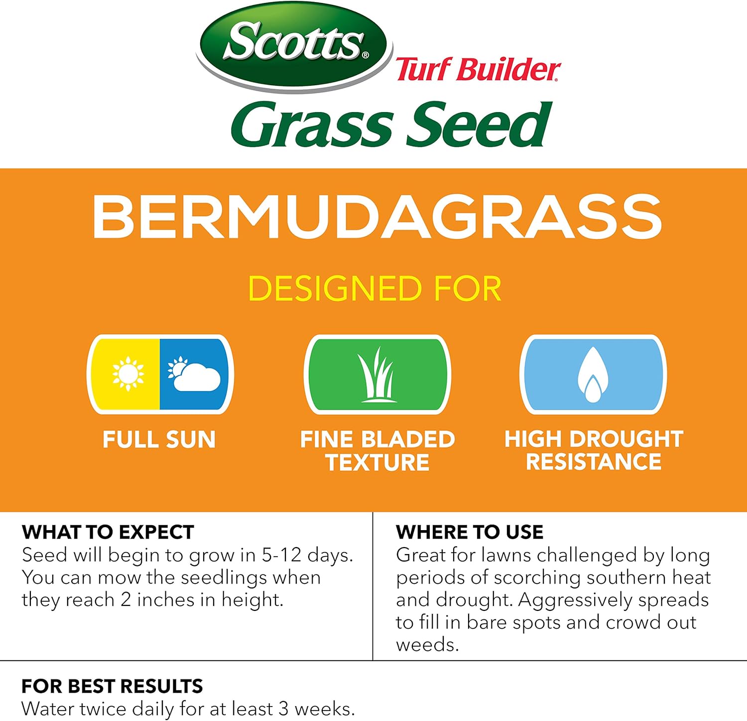 Scotts Turf Builder Grass Seed Bermudagrass, Mix for Full Sun, Built to Stand Up to Heat & Drought, 5 lbs.