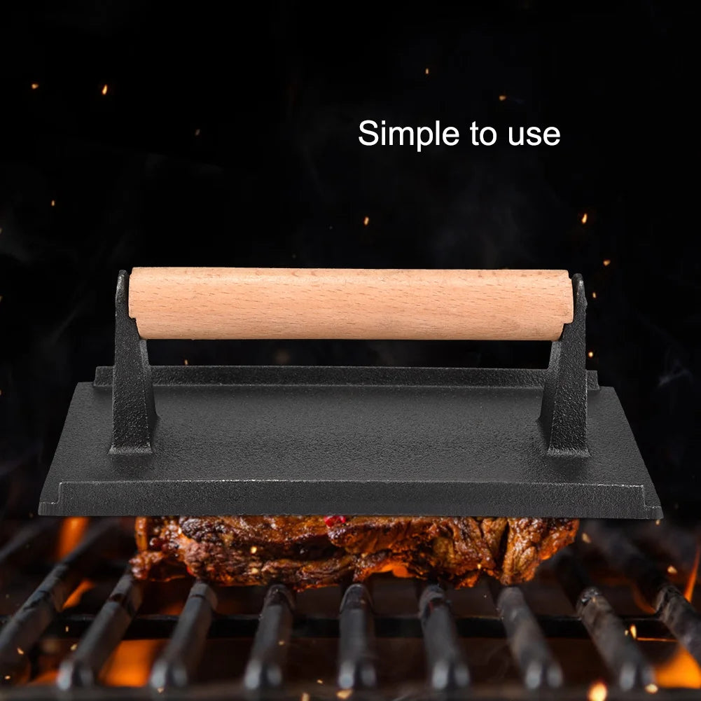 Nikou Steak Press - Commercial Cast Iron Steak Weight Wooden Handle Bacon Grill Hamburger Press cooks faster and does not curl