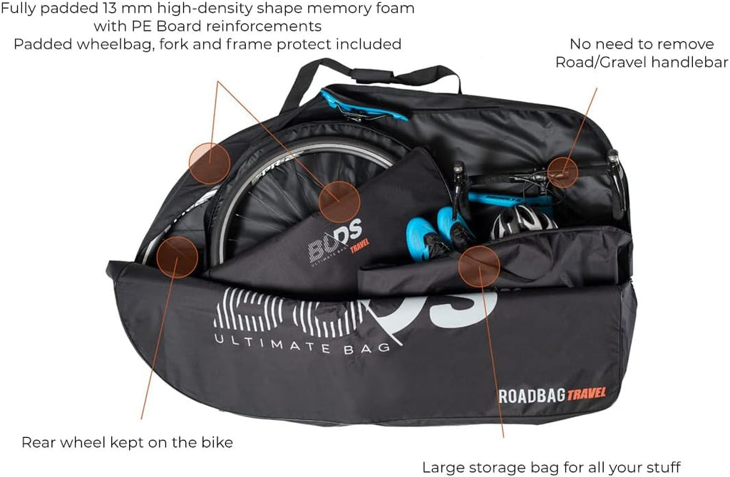 Buds-Sports US - ROADBag Travel Plus | Versatile Fully Padded Bike Travel Bag | Remove Front Wheel Only | Ideal for Ground and Air Transportation | All Road, Gravel Bikes and E-Bikes up to 700C/45