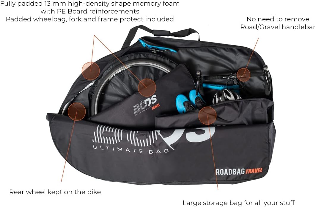 Buds-Sports US - ROADBag Travel Plus | Versatile Fully Padded Bike Travel Bag | Remove Front Wheel Only | Ideal for Ground and Air Transportation | All Road, Gravel Bikes and E-Bikes up to 700C/45