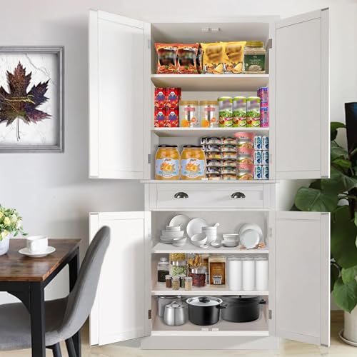72" Kitchen Pantry Storage Cabinet Kitchen Cupboard with 4 Doors (2Doors with Racks),1 Drawer, 2 Adjustable Shelves Wood White Storage Cabinet for Dining Room Living Room Bathroom