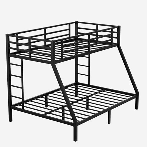 Bunk Bed Twin XL over Queen with 2 Ladder & Safety Railing, Metal Bunk Bed Frame for Kids/Adults Bedroom, Strong Slats Support, Under Bed Storage, Space Saving, Noise Free, No Box Spring Needed, Black