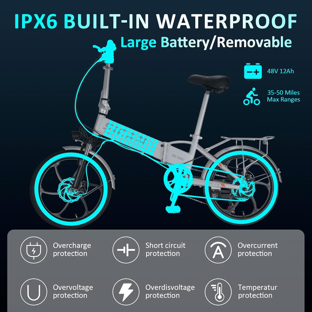 Folding Electric Bike, 850W Brushless Motor(Peak 1000W), 48V 12Ah Hidden Removeable Battery Up to 50 Miles, 3.0H Fast Charge, Weighs Only 40lbs,20" Tire Ebike, 7 Speed Gear, UL Certifiled