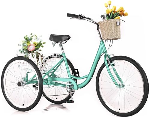 AkiiGer Adult Tricycles for Adults, 7 Speed Adult Trikes, 20/24/26 inch 3 Wheel Bike with Basket, Three-Wheeled Cruiser Bicycles for Women and Men, Without Fenders