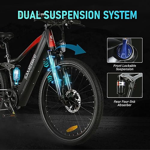 SAMEBIKE Electric Bike 750W 28MPH Electric Mountain Bike Full Suspension, 26 inch Ebike for Adults with 48V 14Ah Battery, 7 Speed Electric Bicycle with LCD Color Display
