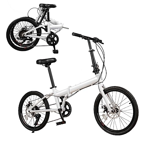20 Inch Folding Bike, 7 Speed Foldable Bike for Adults, Folding City Bike with Dual Disc, Brakes Compact Light Weight Carbon Steel White Adult Bike
