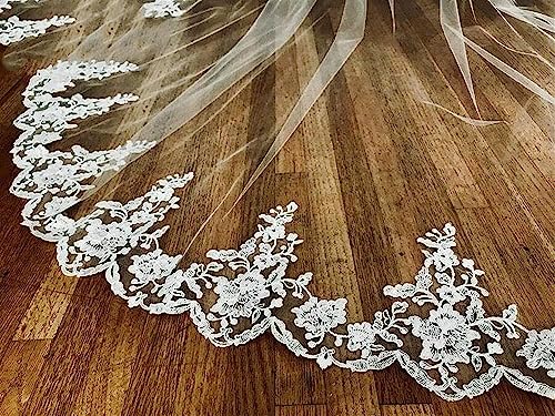 Veil,Wedding Veil, Bridal Veil,Bridal Veil Flower Lace, White Ivory Wedding Veil 3m with Comb Lace Cathedral Veil Ribbon (Color : Bianco, Size : 300cm)