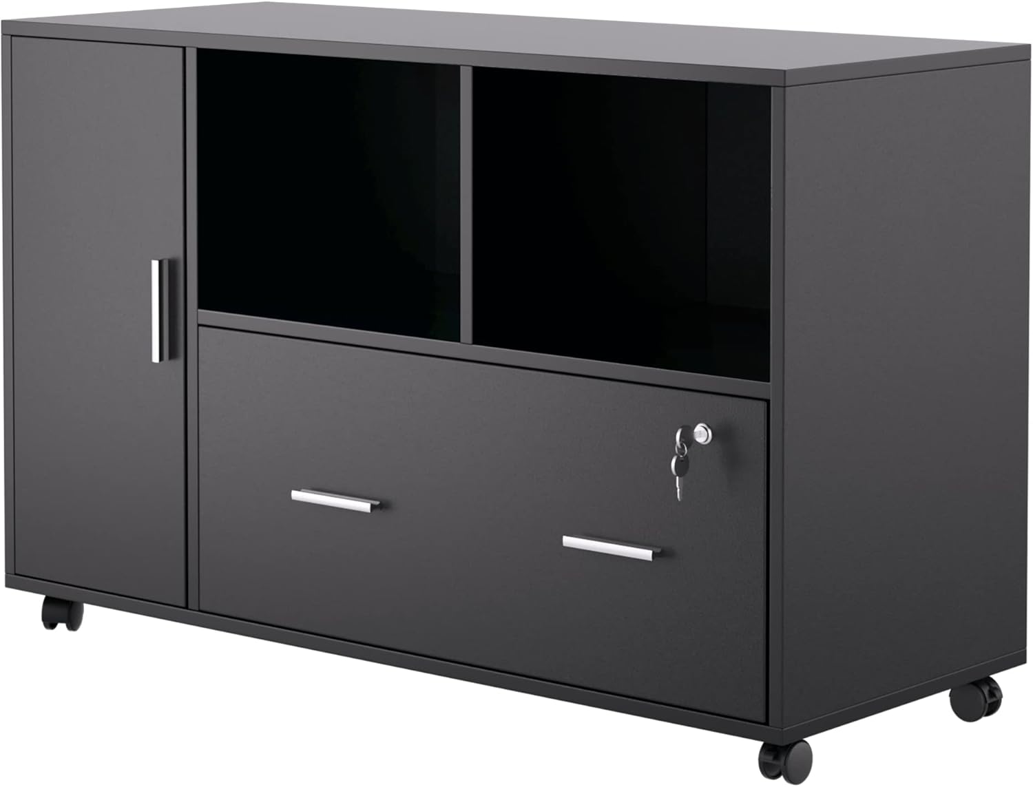 File Cabinet with Drawers and Lock, Wood Lateral Filing Cabinet, Rolling Printer Stand with Open Shelves for Home Office, Black