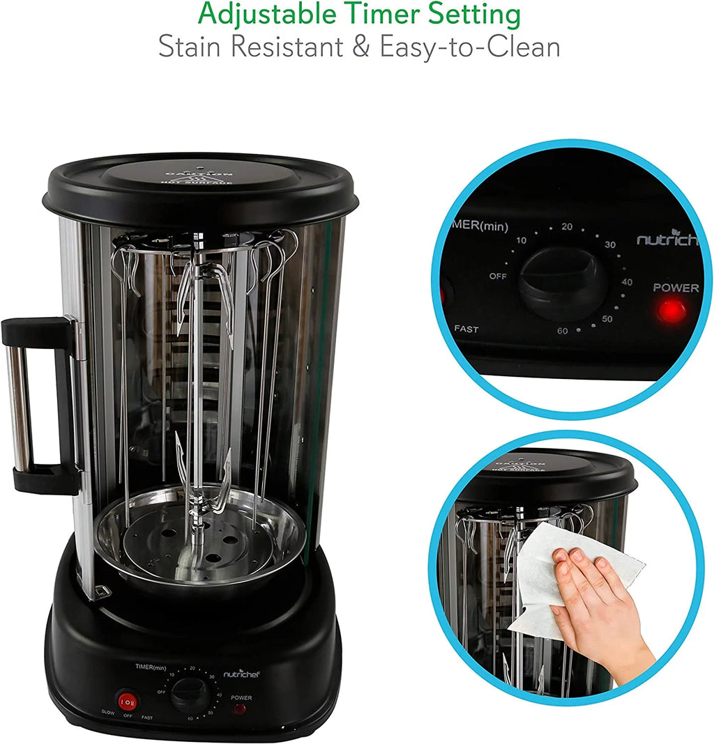 Excellent NutriChef Countertop Vertical Rotating Oven - Rotisserie Shawarma Machine  Kebob Machine  Stain Resistant &amp; Energy Efficient W/ Heat Resistant Door  Includes Kebob Rack with