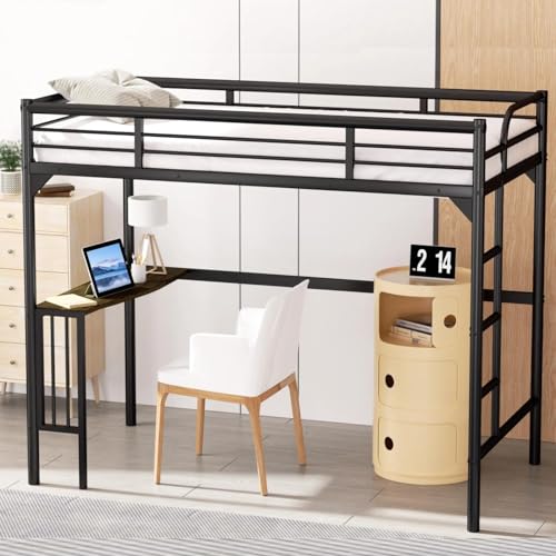 Petfu Loft Bed Twin Size with Desk, Metal Loft Bed Frame with Ladder and Safety Rails, Space-Saving, Noise Free, No Spring Box Needed, Black - 2024 New