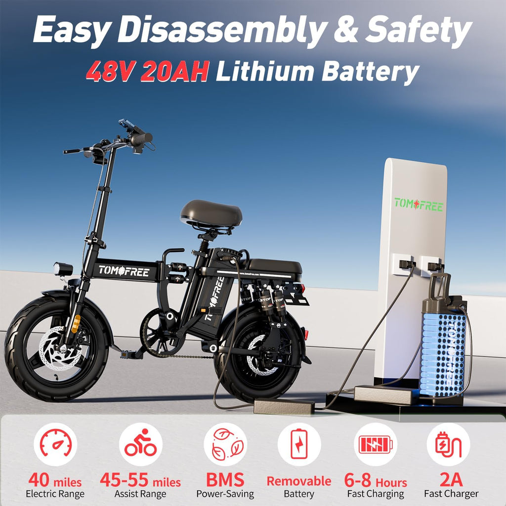 Electric Bike 14" Electric Bike for Adults, Folding Electric Commuting Bike with 1000W Brushless Motor, 48V 20Ah Removable Battery, 25MPH, Up to 40 Miles, Multiple Shock Absorption