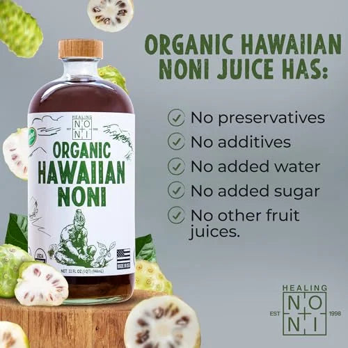 Healing Noni - Organic Hawaiian Noni Juice - 1 Pack of 32oz Glass Bottles
