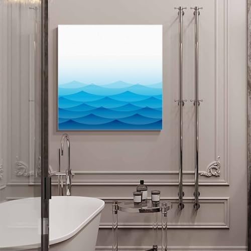Blue Ocean Waves Canvas Print Wall Art Painting, Modern Wall Decor for Bedroom Living Room Giclee Artwork HD Picture Strenched and Framed Abstract Ombre Mountain Peak