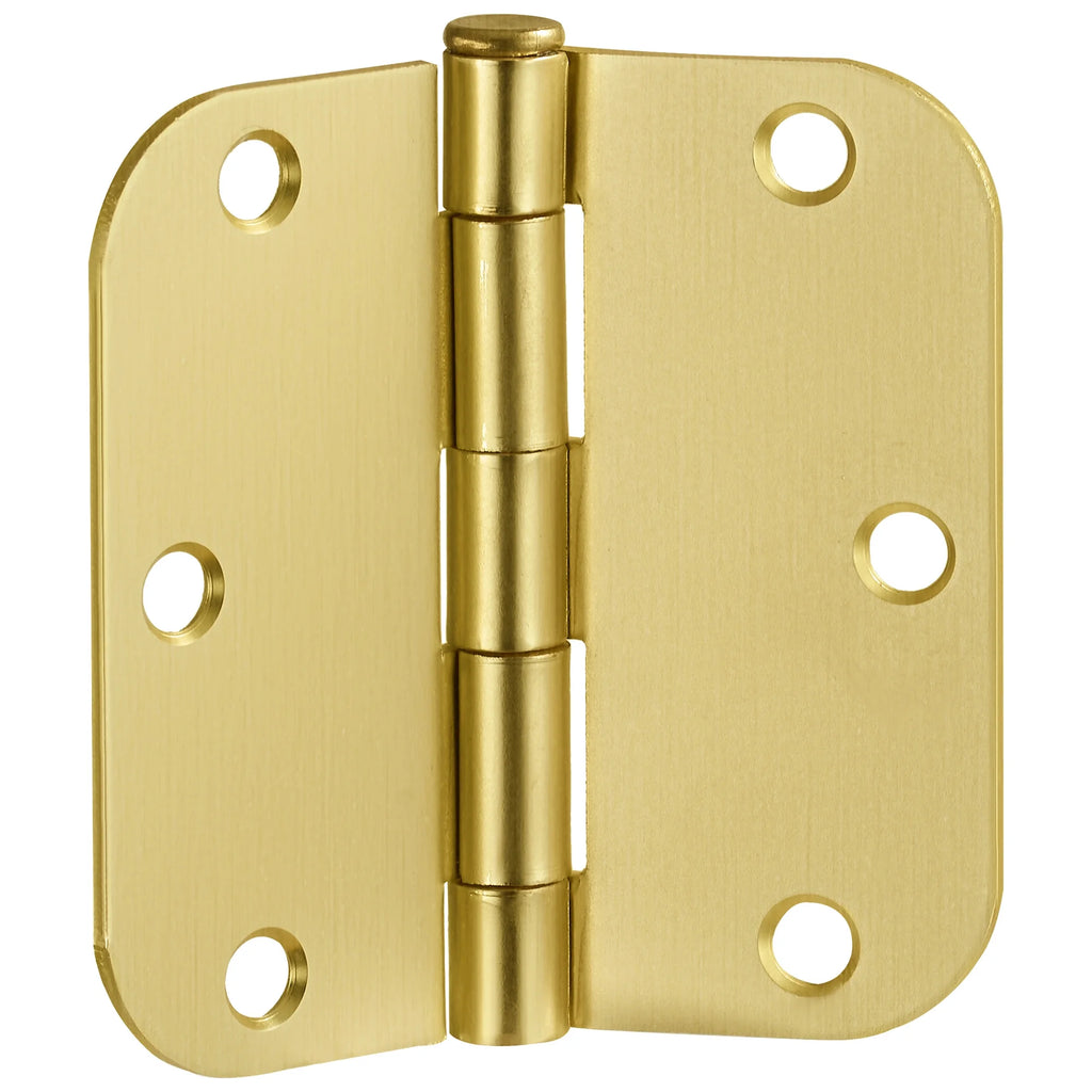 Door Hinges for Interior Doors 12-Pack 3.5-inch x 3.5-inch – Rounded 5/8-inch Radius Steel Door Hinge – Satin Brass – Fits Standard Doors – Design House 189795