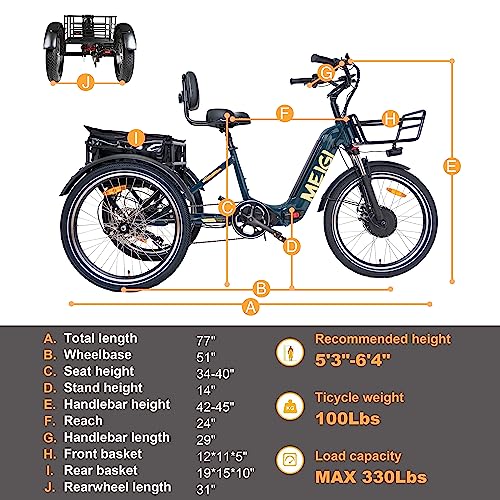 DWMEIGI 3 Wheel Electric Bicycle 750W Motor 48V 13AH Battery with Turn Signal Reserve Gear, Foldable 24" Tire Electric Cruiser Tricycle