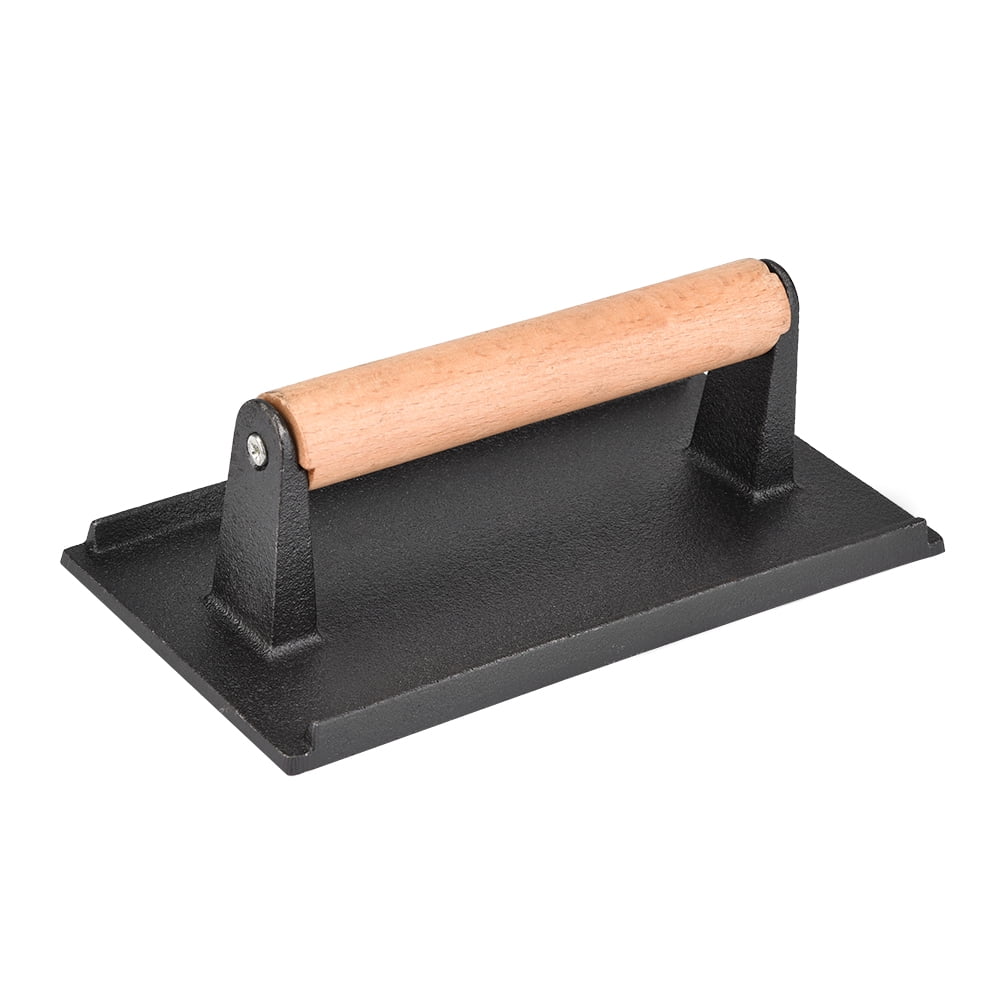 Nikou Steak Press - Commercial Cast Iron Steak Weight Wooden Handle Bacon Grill Hamburger Press cooks faster and does not curl