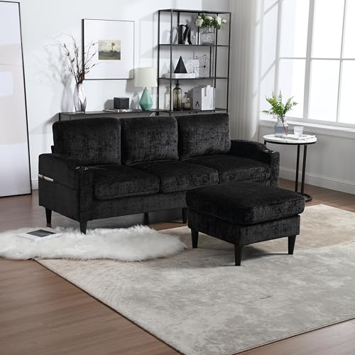 77'' Convertible Sectional Sofa Couch, L Shaped Couch 3 Seat Sofa Sectional with Reversible Storage Ottoman Bench & Cup Holder, Couches for Living Room, Apartment, Office, Small Space, Beige