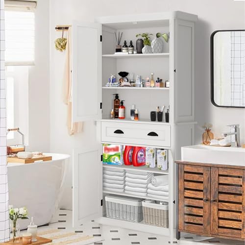 72" Kitchen Pantry Storage Cabinet Kitchen Cupboard with 4 Doors (2Doors with Racks),1 Drawer, 2 Adjustable Shelves Wood White Storage Cabinet for Dining Room Living Room Bathroom