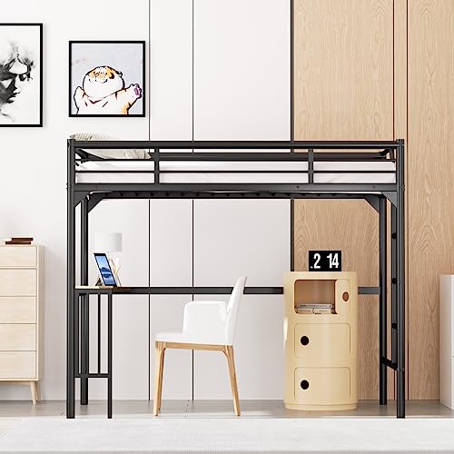Petfu Loft Bed Twin Size with Desk, Metal Loft Bed Frame with Ladder and Safety Rails, Space-Saving, Noise Free, No Spring Box Needed, Black - 2024 New