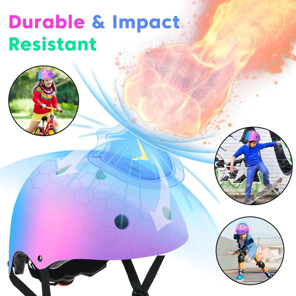 Color Gradient Adjustable Helmet Kids Protective Gear Set Knee Pads for Kids 3-8 Years Cycling Helmet with Knee Pads Elbow Pads Wrist Guards Youth Skateboard Helmet for Kids