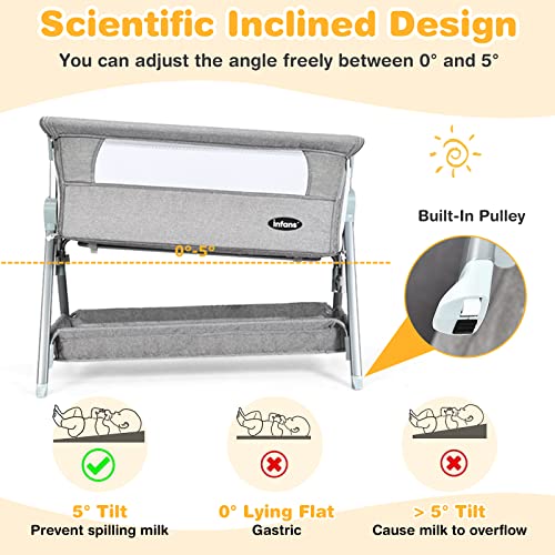 INFANS Baby Bassinet Bedside Crib, Newborn Sleeper w/Large Storage Basket, Adjustable Heights & Angle, Detachable &Washable Mattress, Breathable Mesh, Straps, Easy Moving Bed Side (Dark Grey)