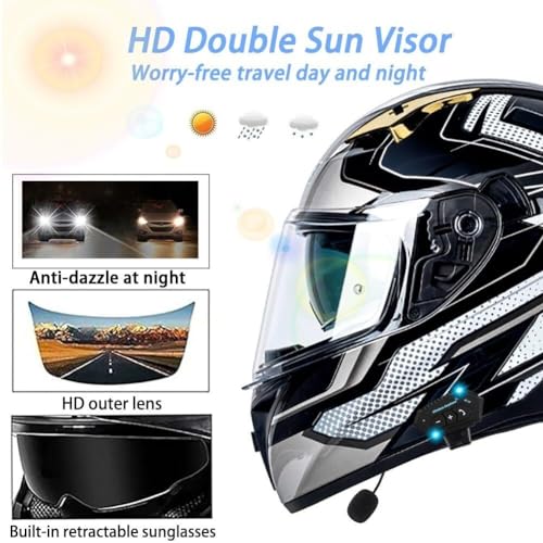 Motorcycle Helmet with Bluetooth, Full Face Helmet, ECE Certified Robust Quiet Motorbike Helmet Chin and Head Ventilation Clear Visor Moped Helmet for Men Women Helmet Motorcycle