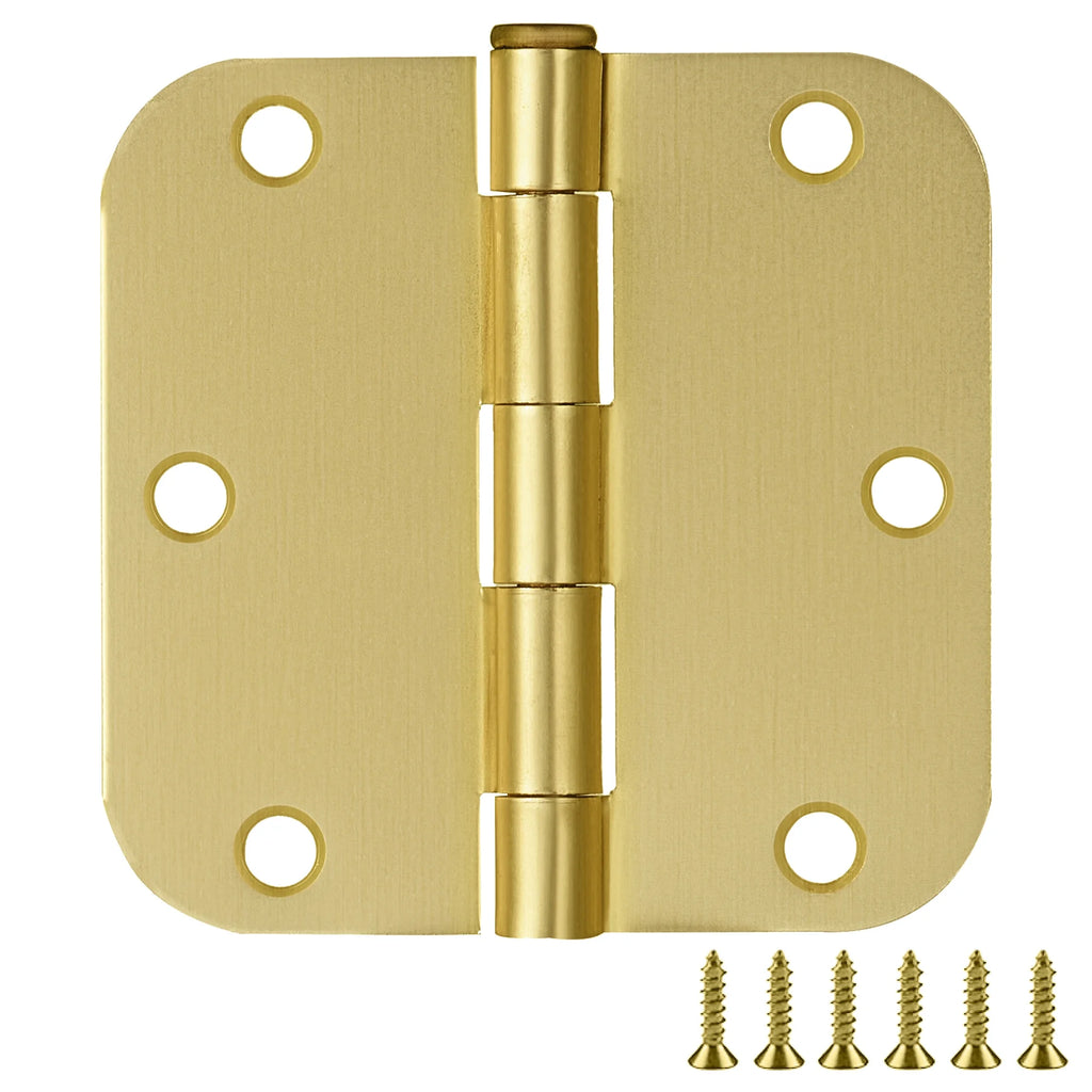 Door Hinges for Interior Doors 12-Pack 3.5-inch x 3.5-inch – Rounded 5/8-inch Radius Steel Door Hinge – Satin Brass – Fits Standard Doors – Design House 189795