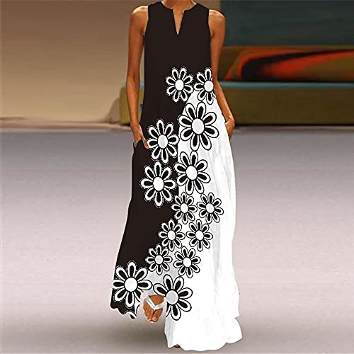 Women's Casual Sundress Sleeveless V Neck Loose Maxi Dress Summer Beach Cover Up Printed Long Tank Maxi Dresses with Pocket