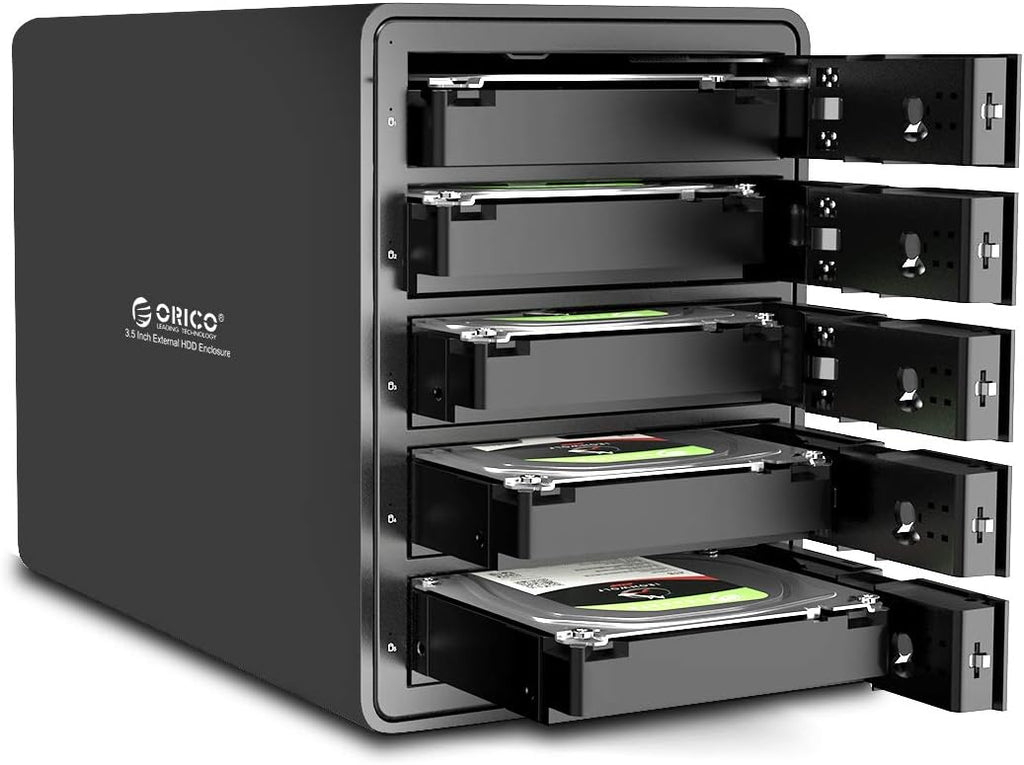 ORICO 5 Bay External Hard Drive Enclosure USB 3.0 3.5 inch Chia Support 80TB (5 x 16TB) Aluminum Alloy HDD Enclosure with Fan / 150W Disk Data Storage (No RAID)-9558U3