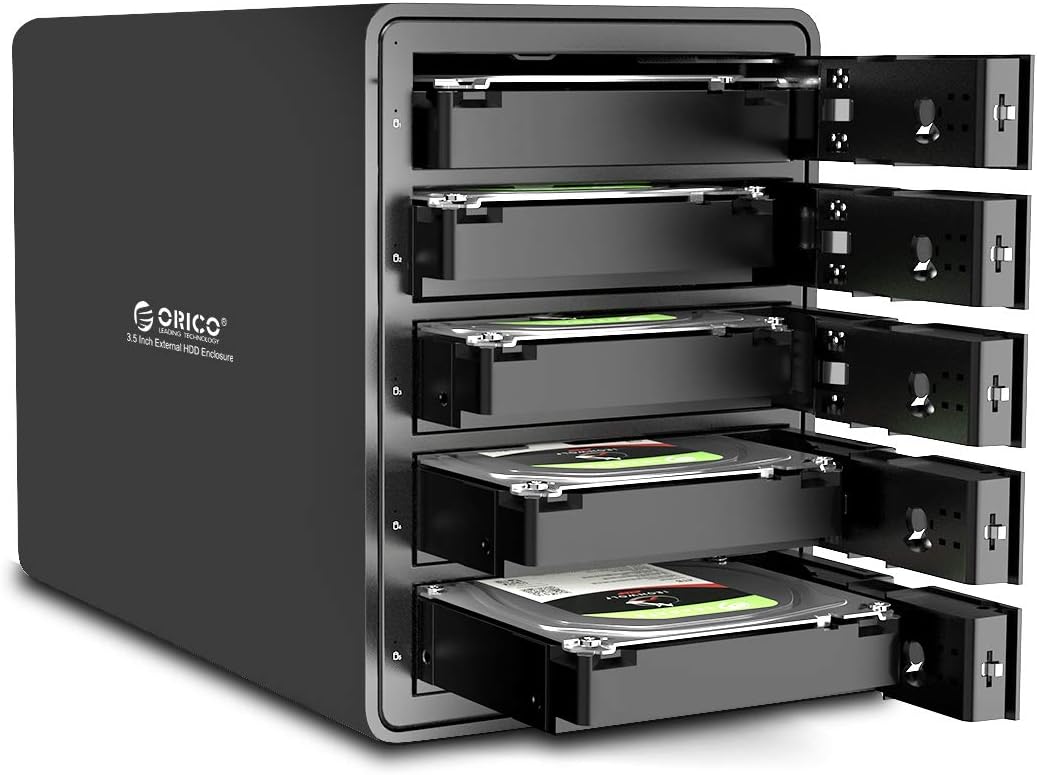 ORICO 5 Bay External Hard Drive Enclosure USB 3.0 3.5 inch Chia Support 80TB (5 x 16TB) Aluminum Alloy HDD Enclosure with Fan / 150W Disk Data Storage (No RAID)-9558U3
