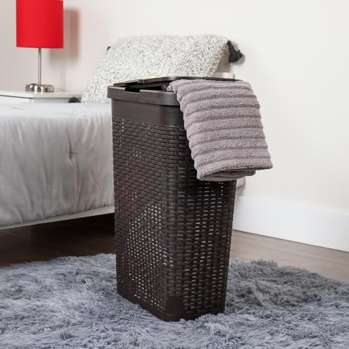 Mind Reader 40L Slim Laundry Hamper, Clothes Basket, Lid, Wicker Design, Plastic, 18"L x 10.4"W x 23.5"H, White