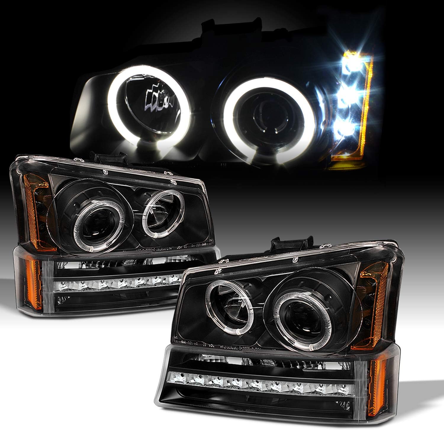 AKKON - For 2003-2006 Chevy Silverado Black Housing Dual Halo Projector Headlights + LED Bumper Signal Lamps