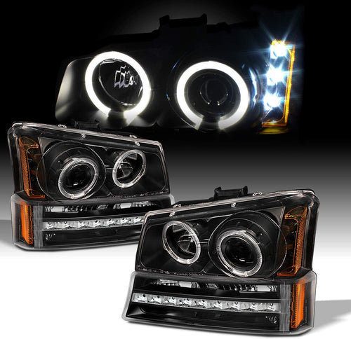 AKKON - For 2003-2006 Chevy Silverado Black Housing Dual Halo Projector Headlights + LED Bumper Signal Lamps