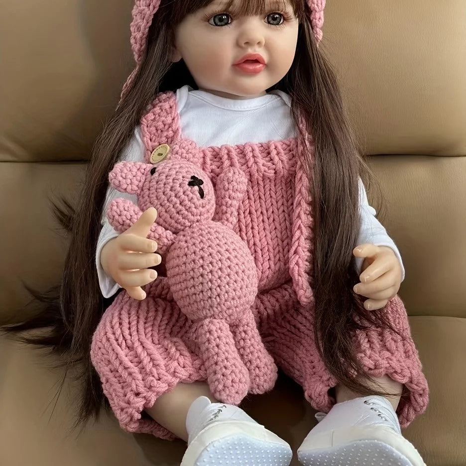 22 inch Soft Silicone Vinyl Reborn Baby Doll Lovely Girl in Pink Knitted Clothes with Bear Toy, Kids Birthday Christmas Gift