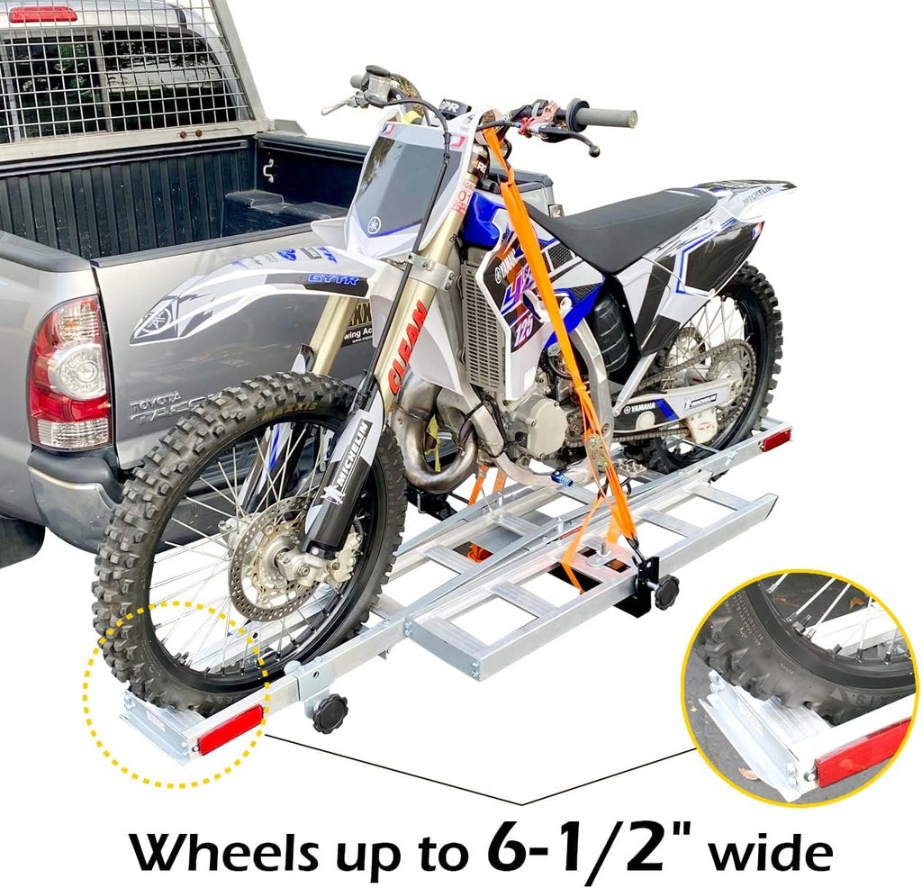 MaxxHaul 50711 Hitch Mounted Aluminum Motorcycle Dirt Bike Carrier with Ramp 400 Lbs Capacity