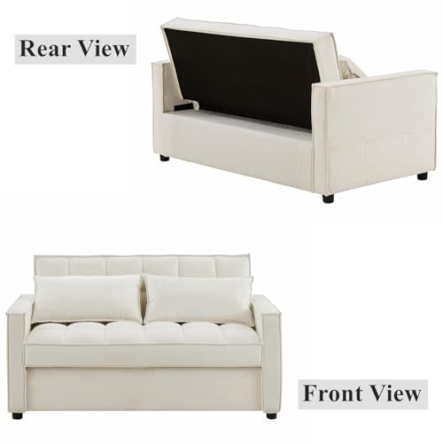 Convertible Sofa Bed, 3 in 1 Velvet Sleeper Loveseat with Pull Out Bed, Adjustable Backrest, 2 Pillows and 2 Foldable Side Table, Futon Loveseat Couches for Living Room, No.2-Black