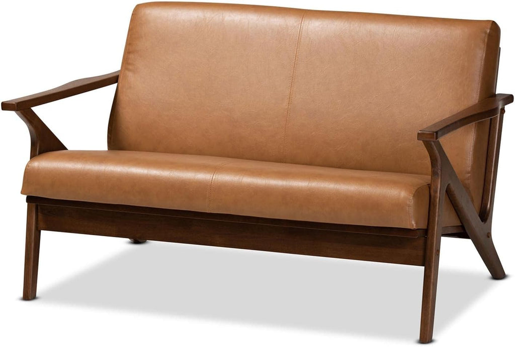 Baxton Studio Bianca Mid-Century Modern Walnut Brown Finished Wood and Tan Faux Leather Effect Loveseat